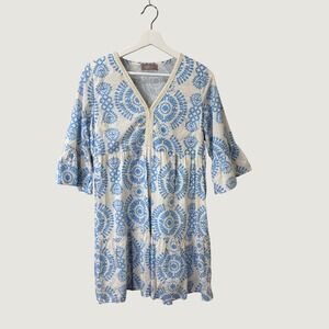 Saiph Lab Italy 100% Cotton Medallion Tiered Dress Blue White Small Boho Coastal